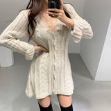 V Neck Button Up Cardigan Sweater Dress Long Sleeve Dress Women Winter Casual Twist Knitted Mini Short Dress