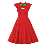 Bow Neck Vintage Style Ruffle Armhole Women Red Dress