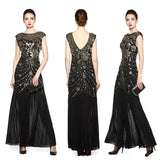 New 1920S Sequined Evening Dress Hand beads Floor length Party Dress Cap Sleeve Tulle Mermaid Formal Dress Black Gold Pink Gown