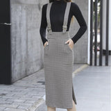 Spring Summer Plaid Women Straps Midi High Waist Workwear Back Split Sheath Pencil Skirts