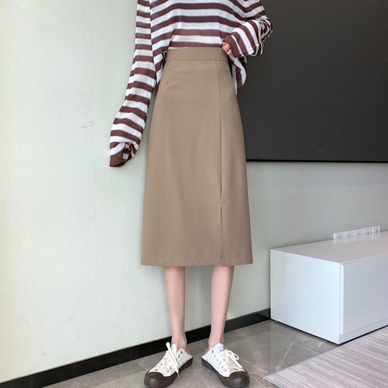 Women High Waist Casual Skirts Korean Style Solid Color All-match Straight Ladies Elegant Long Skirt