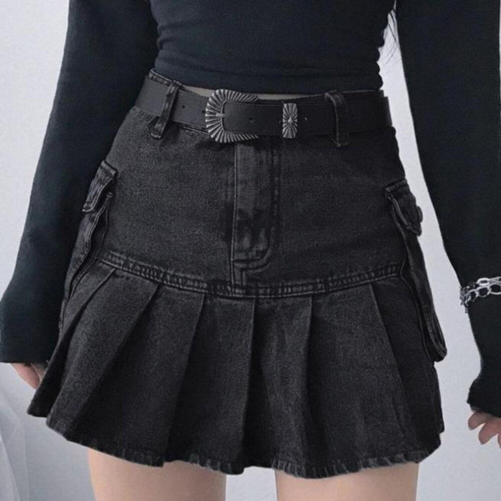 Gothic Denim Pleated Women Summer Harajuku Korean A Line Black Streetwear High Waist Jean Skirt
