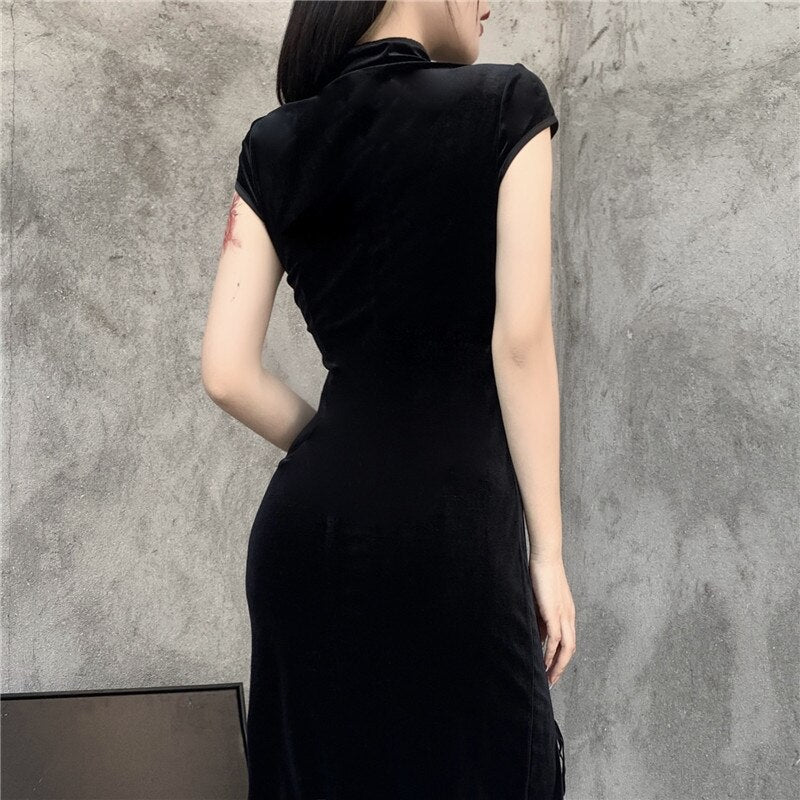 Stand Collar Vintage Buttons Chi-Pao Robe Velvet Long Dresses for Women Cap Sleeve Elegant Party Sexy Split Bodycon Dress