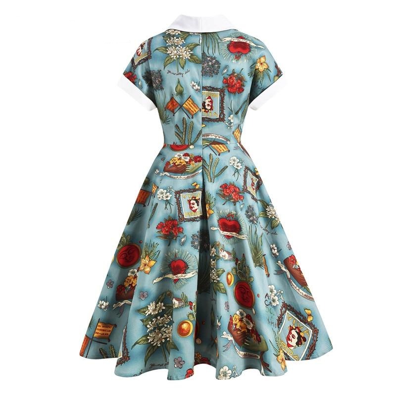 Multicolor Print 50s Style Rockabilly Vintage Swing Button Up Pinup Robe Female A-Line Midi Cotton Dress