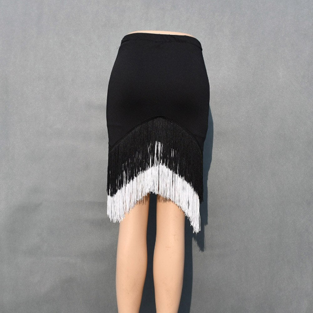 Asymmetrical Latin Dance Women Stretchy Bodycon Tassel Fringe Black Dancewear Ballroom Tango Skirt