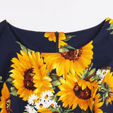 Yellow Sunflower A Line Vintage Cotton Spring Autumn 3/4 Length Sleeve Women Elegant 1950s Floral Dress