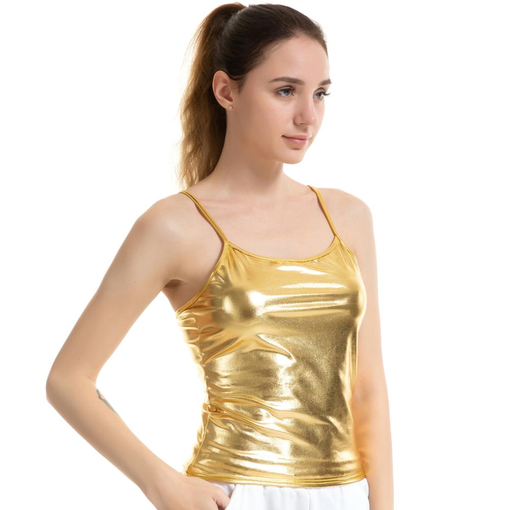 Women Shiny Metallic Camisole Wet Look Short Vest Spaghetti Straps Tank Top Party Club Dancewear Basic Solid Strappy Cami