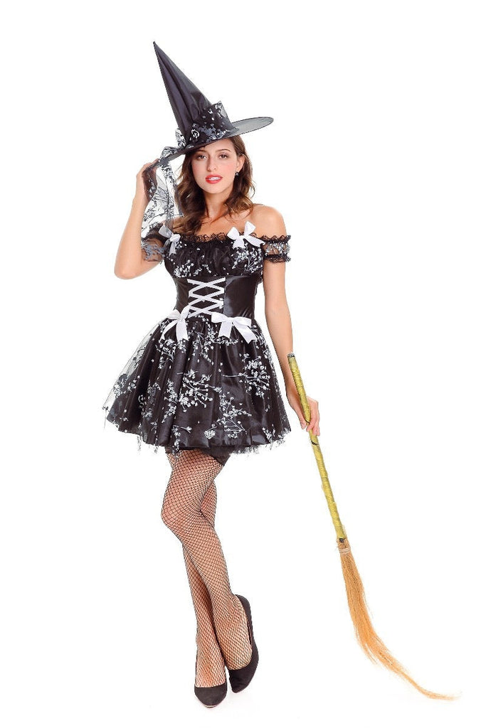 2018 New Black Witch Costume Halloween Party Witch Costume Women Sexy Performances Fancy Dress+Hat
