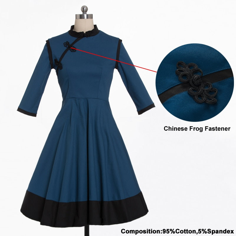 Frog Fastener Stand Collar Vintage Formal Midi Elegant 3/4 Length Sleeve Retro Dress