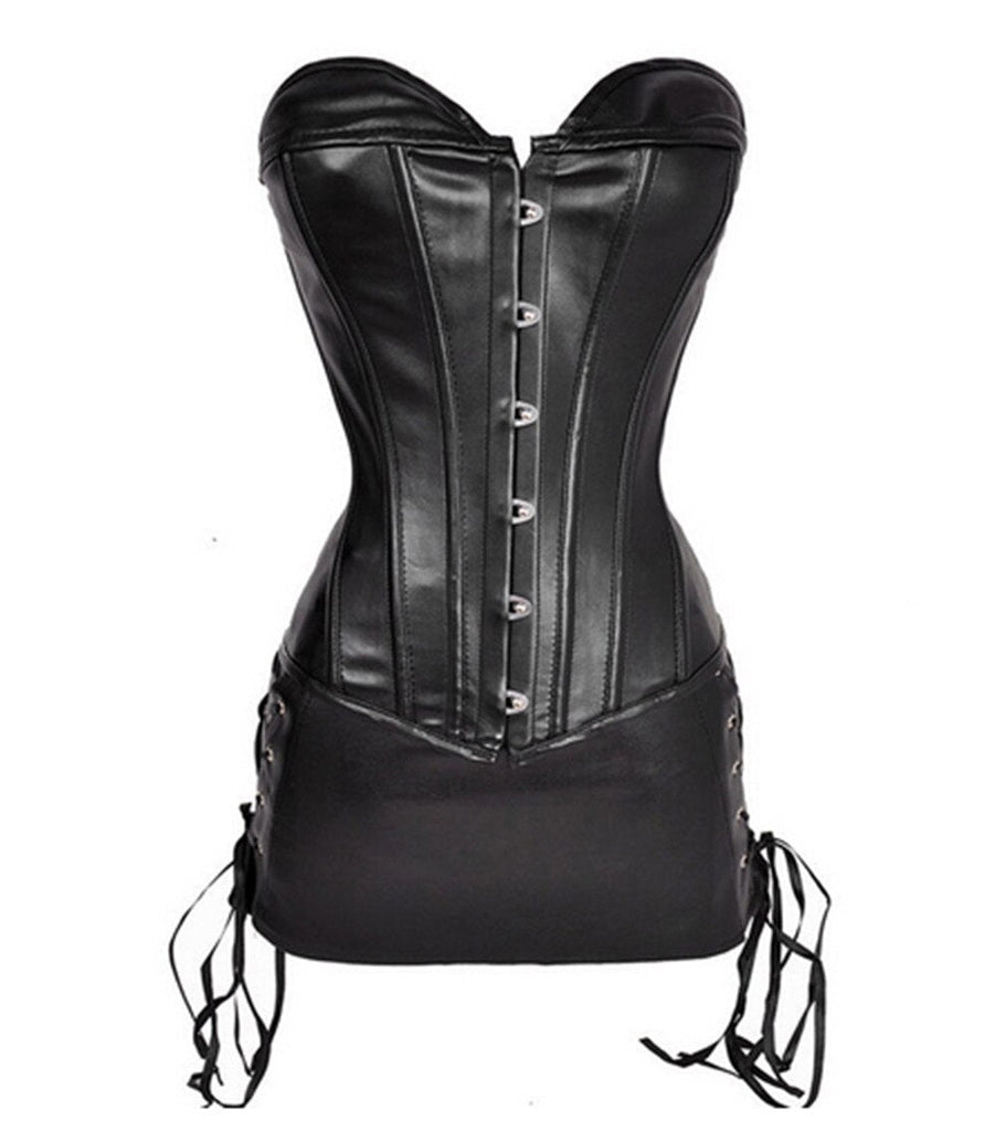 Gothic Steampunk Lace up Zip Faux Leather Corset Dress  Black Red Shape Body Slim Bustiers Overbust Corset+Skirt