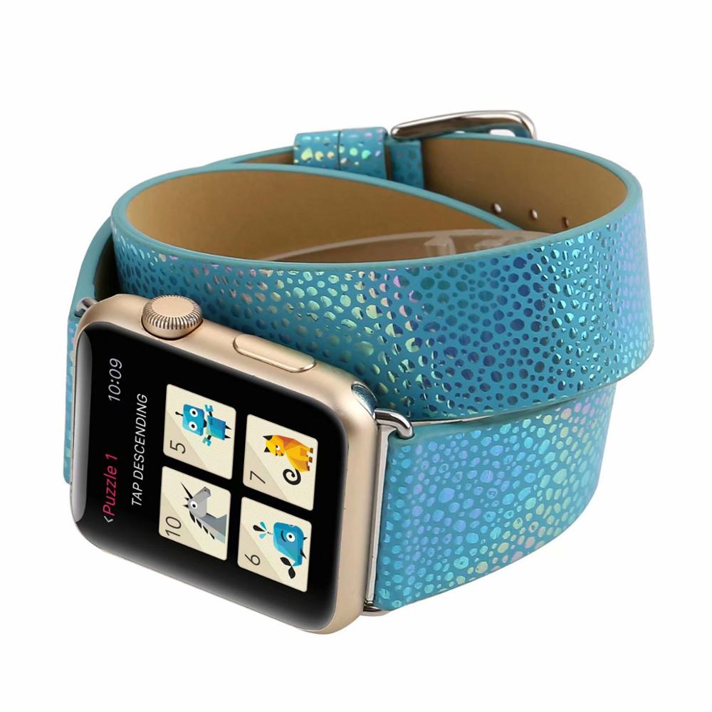 Genuine Leather Double Circle Bracelet Strap Flash Fish-Scale Pattern for Apple watch 42/38mm Wristband for iwatch series 3 2 1