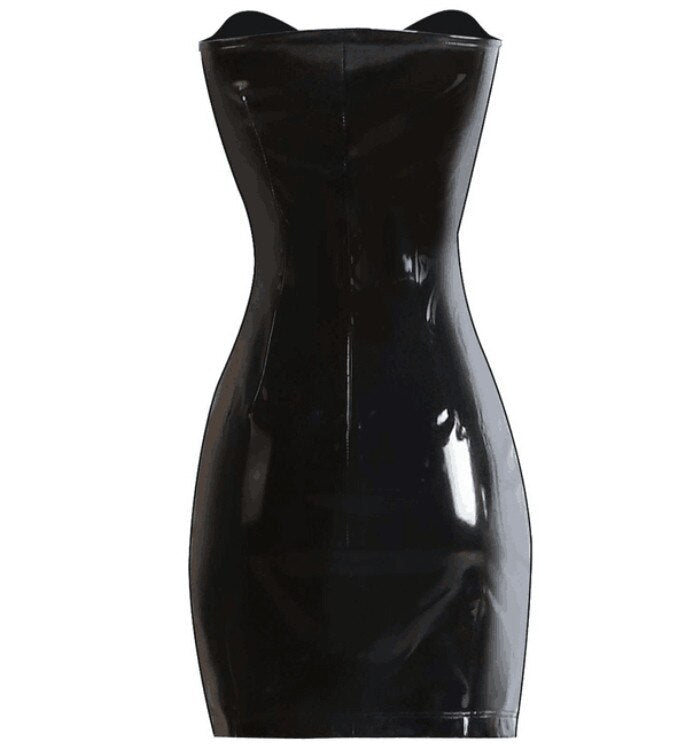 New Lady Sexy Dress Sash Zipper PVC Bodycon Dresses Women Shiny Faux Patent Leather Clubwear Midi Dress