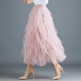 Summer Irregular Mesh Tulle Skirt Elastic High Waist Mid Calf Tutu Long Skirt