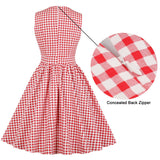 Retro 50s V Neck Gingham Red Rockabilly Tie Pocket Side Cotton Pleated Pin Up Vintage Plaid Dress