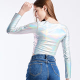 Sexy Metallic Liquid V-Neck Wrap Front Long Sleeve Shirt Tee for Club Night Out Slim Wet Look Short T-shirt Crop Top Clubwear