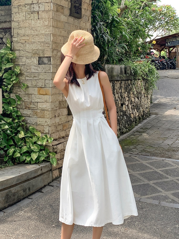 casual white dress knee length Salome Tied Back Knee Length Dress White