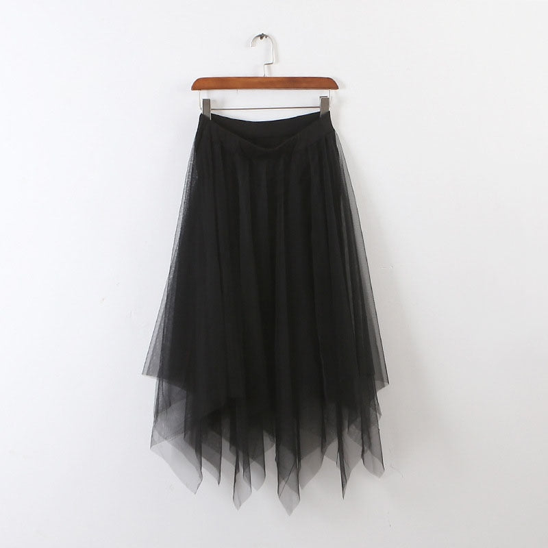Elastic Long Asymmetric Tulle Skirt Women High Waist Pleated Tutu School Irregular Mesh Lace A Line Midi Skater Black White