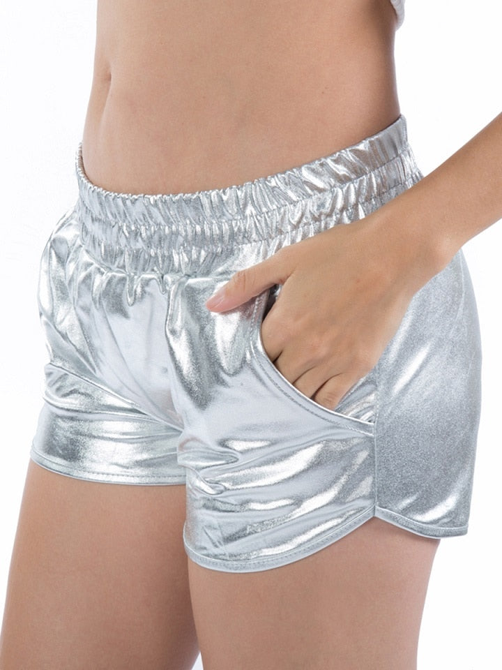 Summer Women Metallic Elastic Waist Shiny Hot Pants Rave Dance Booty Shorts with Pockets Club Bottoms