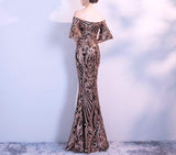 New Flare Sleeve Black Gold Heavy Sequins Evening Dress Boat Neck Formal Evening Party Dress