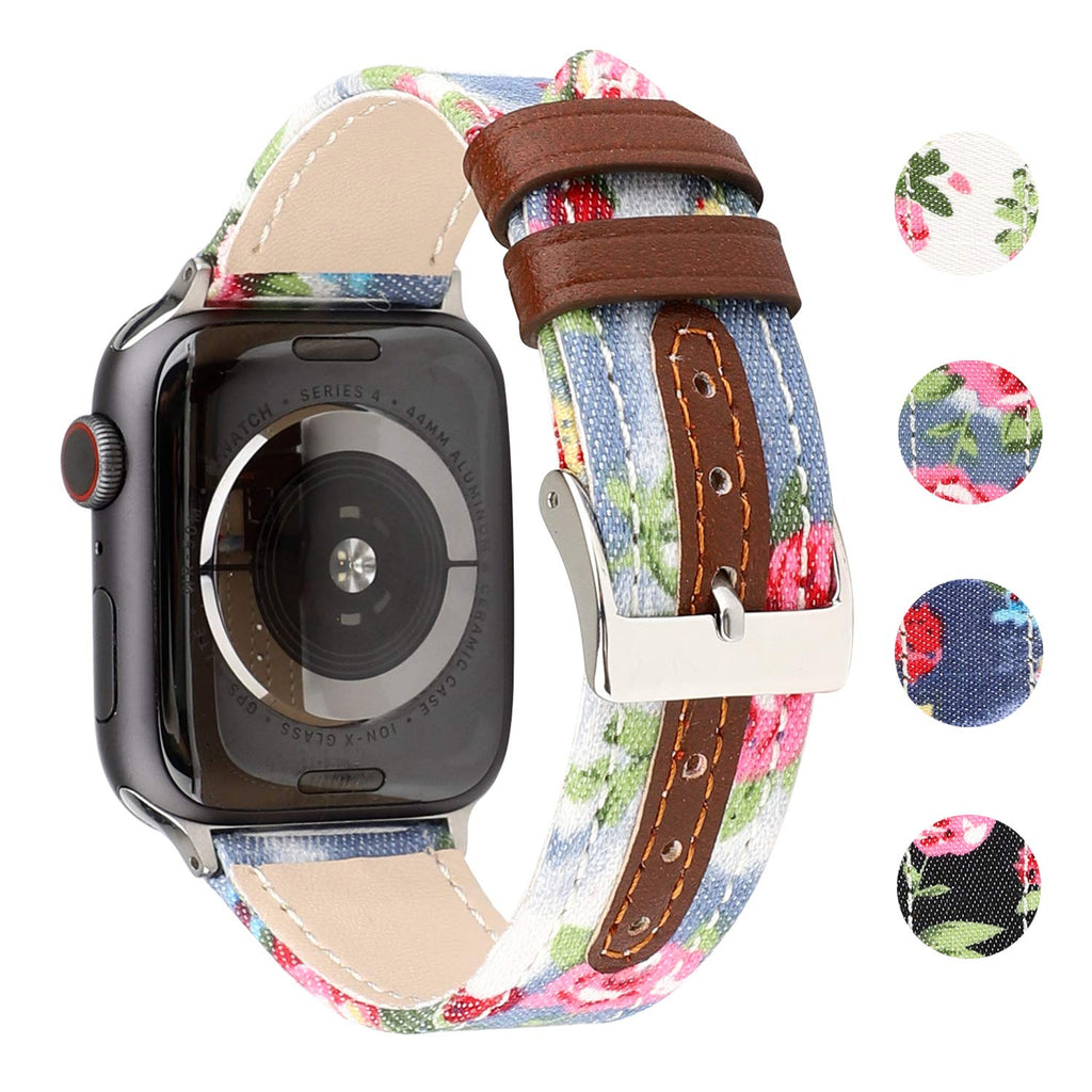 High quality Leather loop Strap for Apple Watch band 4 44/40mm Denim Floral Printed Sports band for iWatch series 3 2 1 42/38mm