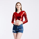 Sexy Metallic Liquid V-Neck Wrap Front Long Sleeve Shirt Tee for Club Night Out Slim Wet Look Short T-shirt Crop Top Clubwear