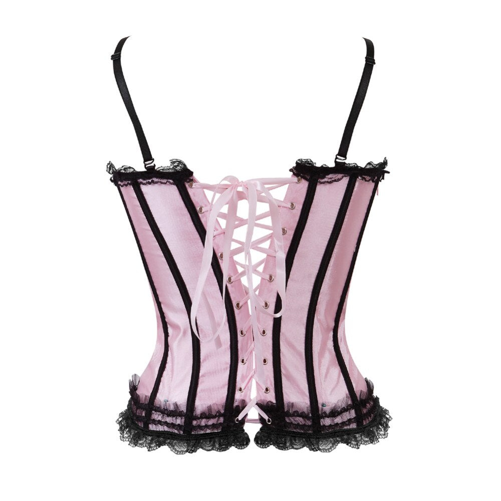 Women's Pink Satin Sexy Stripe Overbust Corset Dress Cup and Straps Bustiers and Lace Skirt Party Waist Trainer