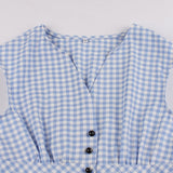 Gingham Print Single Breasted Blue Summer High Waist Vintage Tunic Pleated Plaid Casual Dress