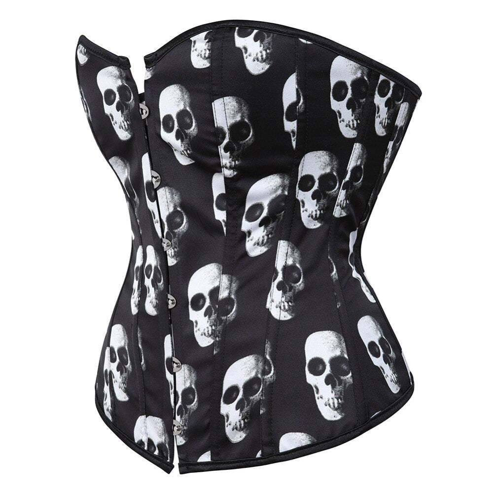 Women's Sexy Skull Overbust Corset Bustier Basque Gothic Showgirl Costumes Plus Size Corselet Lingerie Tops
