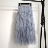 Summer Irregular Mesh Tulle Skirt Elastic High Waist Mid Calf Tutu Long Skirt