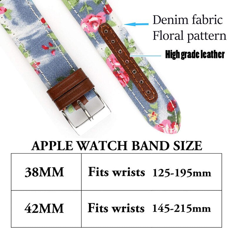 High quality Leather loop Strap for Apple Watch band 4 44/40mm Denim Floral Printed Sports band for iWatch series 3 2 1 42/38mm