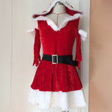 3Pcs Deluxe Red Sexy Christmas Hooded Dress Adult Santa Claus Uniform Cosplay Xmas Costumes For Women