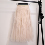 Summer Irregular Mesh Tulle Skirt Elastic High Waist Mid Calf Tutu Long Skirt