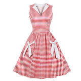 Retro 50s V Neck Gingham Red Rockabilly Tie Pocket Side Cotton Pleated Pin Up Vintage Plaid Dress