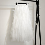 Summer Irregular Mesh Tulle Skirt Elastic High Waist Mid Calf Tutu Long Skirt