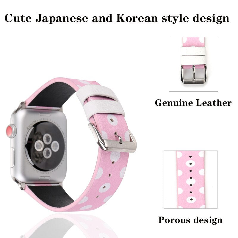 Genuine Leather Bracelet Strap for apple watchband 4 44/40mm Lovely Polka Dots Pattern wristband for iWatch series 3/2/1 42/38mm
