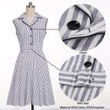 Grey and White Striped Notched Collar Casual Shirt Summer Button Up Office Lady Dress Vintage Swing Dress