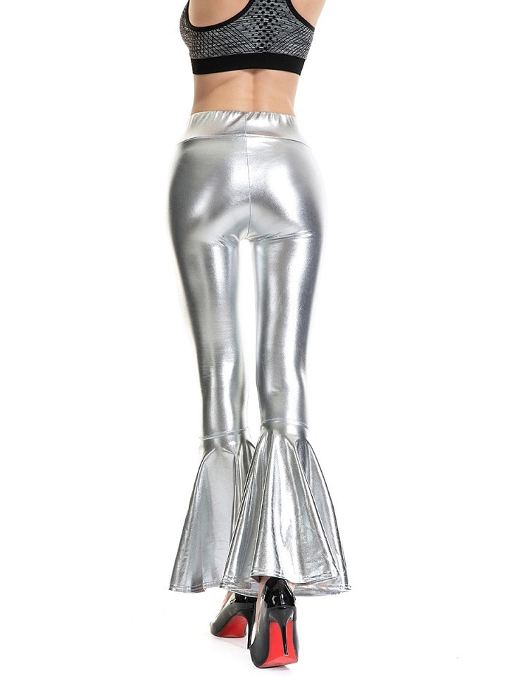 Flare Shiny Trousers Laser Metallic Wetlook Ruffle Wide Leg Pants Retro 70s Disco Hippie Club Trousers Bell Bottoms