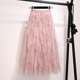 Summer Irregular Mesh Tulle Skirt Elastic High Waist Mid Calf Tutu Long Skirt