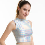 Shiny Metallic Liquid Turtleneck Crop Top Vest Sleeveless Wet Look Tank Tops Party Clubwear for Raves Festivals