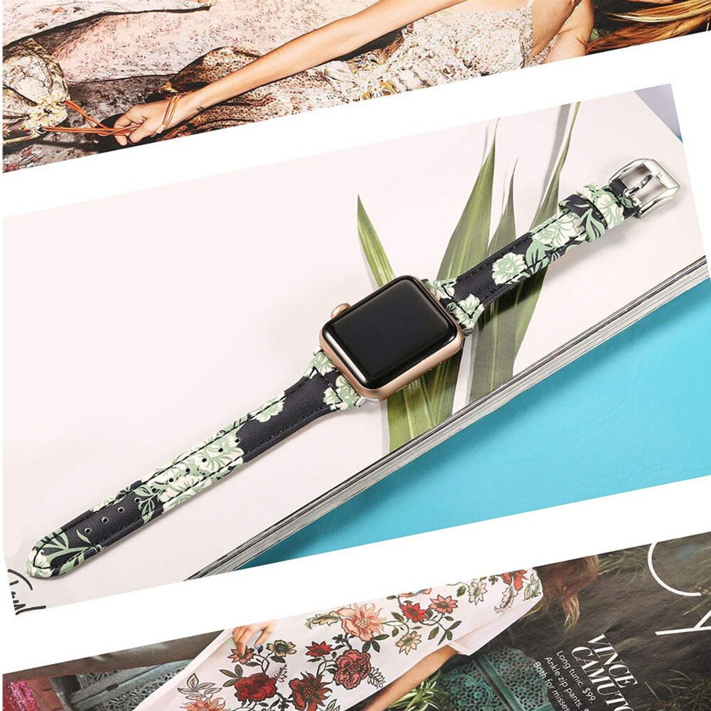 Slim Leather Strap For Apple Watch band 38mm 42mm Flowers Genuine Leather belt Bracelet iWatch series 3 4 5 se 6 band 44mm 40mm