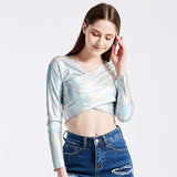 Sexy Metallic Liquid V-Neck Wrap Front Long Sleeve Shirt Tee for Club Night Out Slim Wet Look Short T-shirt Crop Top Clubwear