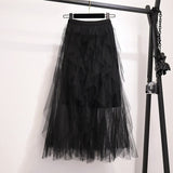 Summer Irregular Mesh Tulle Skirt Elastic High Waist Mid Calf Tutu Long Skirt