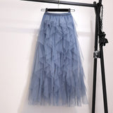 Summer Irregular Mesh Tulle Skirt Elastic High Waist Mid Calf Tutu Long Skirt