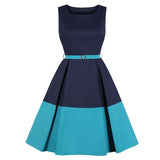 Navy Blue and Yellow Color-block Vintage Retro Belted Slim Fit Pocket Office Ladies Pleated Cotton Dress