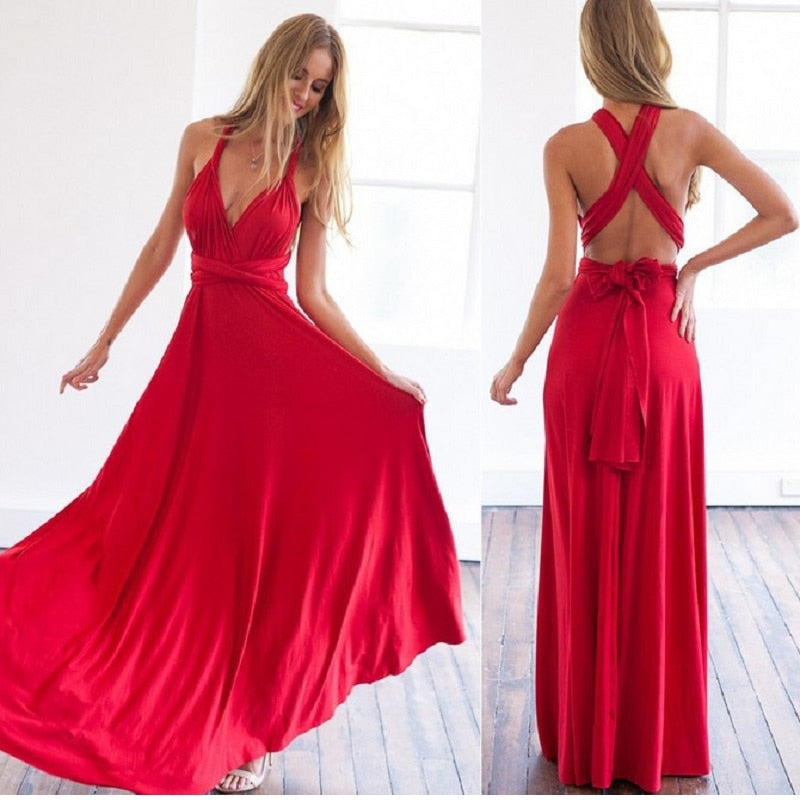 Multiway Wrap Convertible Boho Maxi Club Red Dress