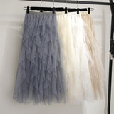 Summer Irregular Mesh Tulle Skirt Elastic High Waist Mid Calf Tutu Long Skirt