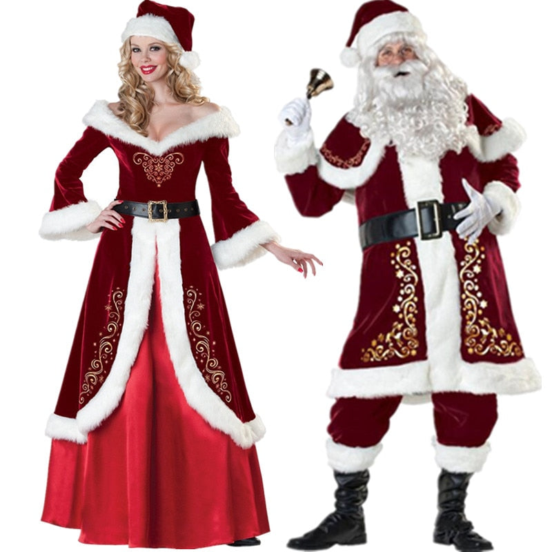 M-XXXL Adult Women Men's Deluxe Velvet Santa Claus Costume Suit Famle Xmas Christmas Red Long Dress