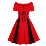 Lace Contrast Tunic Gothic Party Rockabilly Women Ruched Bust Tie Front Lace Up Red Vintage Dress