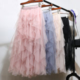 Summer Irregular Mesh Tulle Skirt Elastic High Waist Mid Calf Tutu Long Skirt