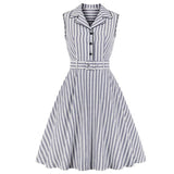 Grey and White Striped Notched Collar Casual Shirt Summer Button Up Office Lady Dress Vintage Swing Dress